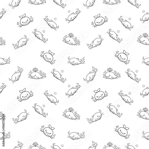 seamless pattern featuring whales in black and white line art