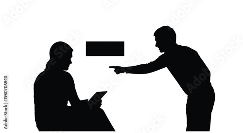Silhouette of aggressive man pointing at another man, black silhouette icon, conflict and disagreement concept, vector illustration