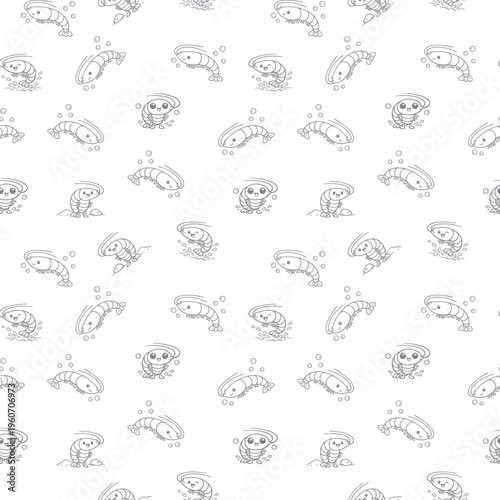 seamless pattern featuring shrimp in black and white line art