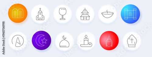 Religion set icon. Tablets scroll church glass pagoda bowl scroll star crescent dome candle temple symbol line icons minimal outline style spiritual faith culture objects collection.