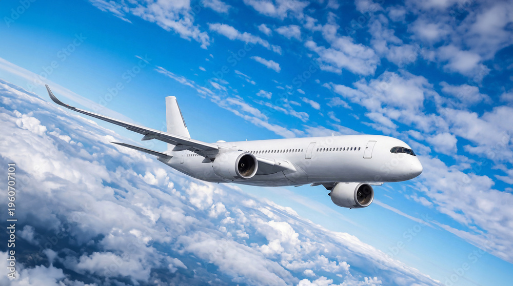 Obraz premium Side view of white airplane commercial jet plane Airbus A350 soaring through white fluffy clouds under a bright blue sky perfect for aviation and tourism industry marketing