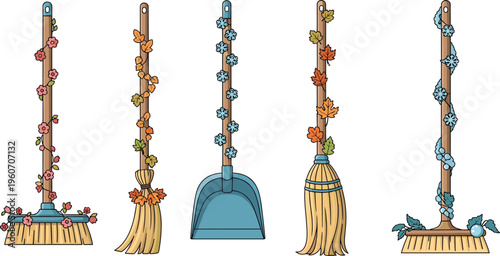 Autumn themed cleaning tools with leaves decoration broom and dustpan fall season vector illustration collection set