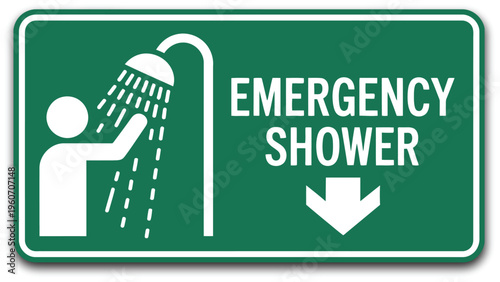 Emergency shower safety sign illustration, symbol for hazard response, chemical exposure wash station, and industrial workplace compliance signage.