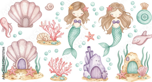 Whimsical underwater scene with mermaids and ocean creatures and treasures