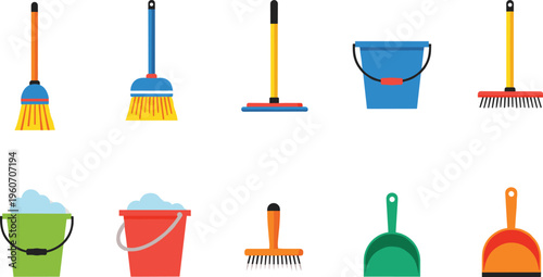 Cleaning tools icons collection with broom mop bucket brush dustpan household equipment flat design vector illustration set