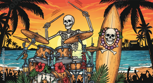 Skeleton Drummer at Tropical Beach Sunset with Surfboard