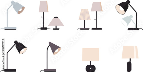 Modern table and floor lamp collection minimal interior lighting fixtures set stylish home decor vector illustration