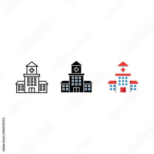 Three distinct icons representing essential community buildings