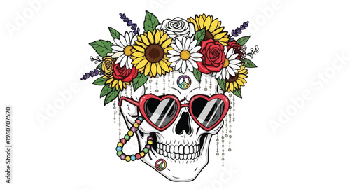 Colorful skull with floral crown and heart-shaped sunglasses