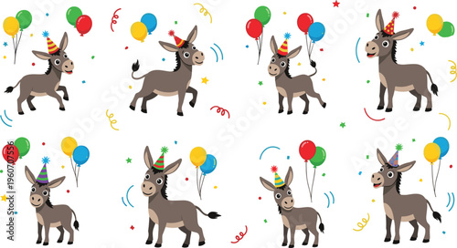 Cute cartoon donkey party characters with balloons and confetti festive celebration animals colorful vector illustration set