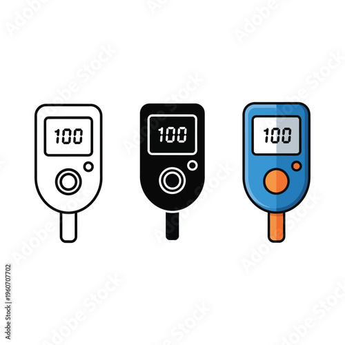 Three different stylized blood glucose monitoring devices displaying a reading of 100.