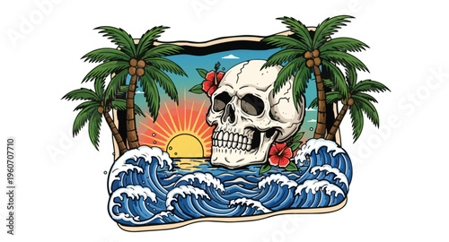 Tropical Skull Illustration with Palm Trees and Ocean Waves