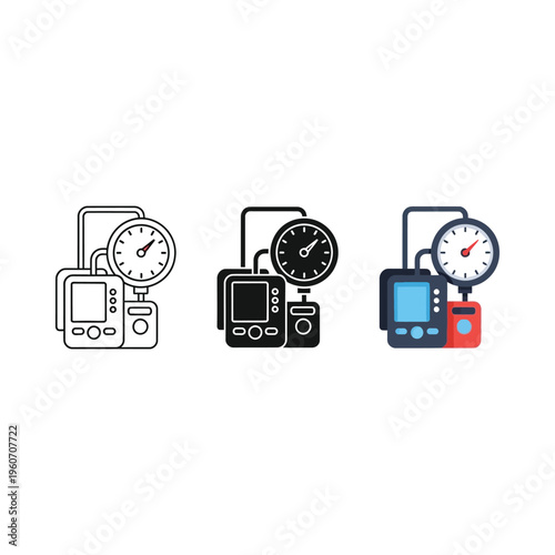 Three types of blood pressure monitoring devices with gauges