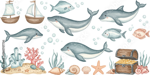 Whales and sea creatures with boats and ocean elements illustration