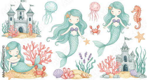 Mermaids and ocean creatures with coral reefs and underwater castles illustrations