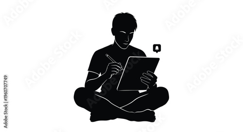Black silhouette man sitting, using digital tablet and stylus, vector illustration