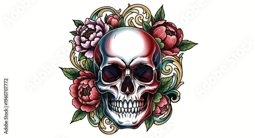 Ornate skull illustration with floral elements and vibrant colors