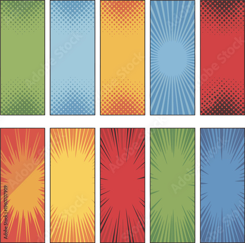 10-panel comic book background set, sunburst and radial dot patterns, bright primary and secondary colors, arranged in two rows of five, stylized halftone textures, black border frames, energetic pop-