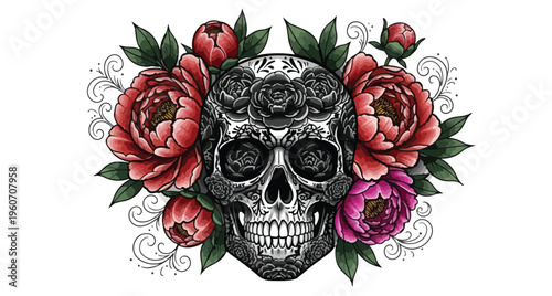 Intricate skull illustration adorned with vibrant flowers and ornate details