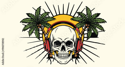 Skull wearing headphones with palm trees and sunburst design