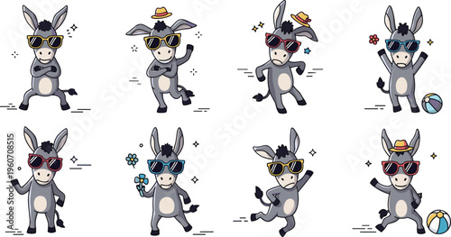Cool cartoon donkey characters with sunglasses dancing funny stylish animals summer vibes colorful vector illustration set