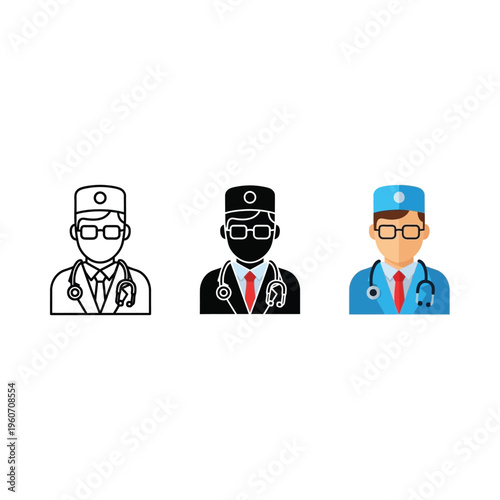 Three stylized icons of medical professionals with different attire and skin tones
