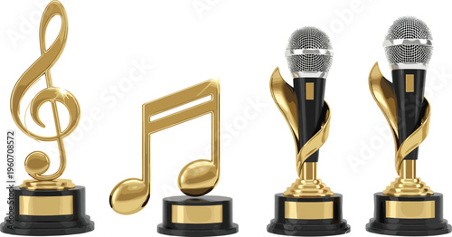 Golden music awards collection with microphone treble clef notes trophies elegant ceremony vector illustration set