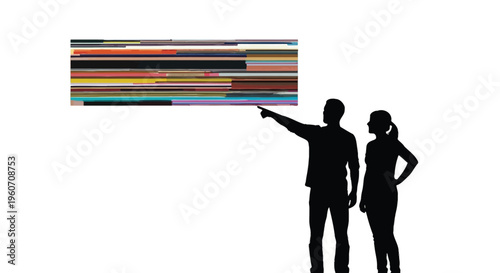 Silhouette of business colleagues discussing colorful data dashboard, vector illustration, office concept, teamwork and collaboration