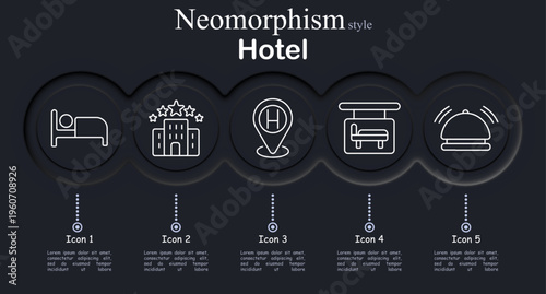 Hotel set icon. Neomorphic dark interface circles with line symbols of bed sleep rest, luxury hotel building stars, map location hotel marker, parking building car space, service bell reception
