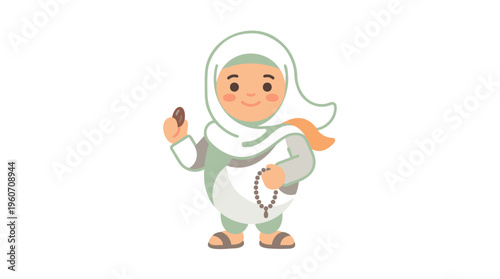 Muslim Woman Pilgrim Character Holding Date and Tasbih for Arafah Day Prayer, Islamic Hajj Celebration Devotion, Cute Flat Design Vector in Pastel Colors, Isolated Graphic