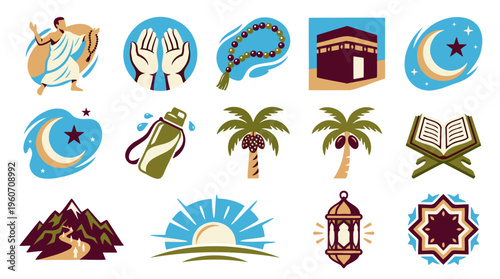 Arafah Hajj Ritual Icons | Pilgrim, Kaaba, Prayer, Mount | Islamic Journey, Spirituality | Flat Vector, Muted Earth Tones | Graphic Illustration Pack
