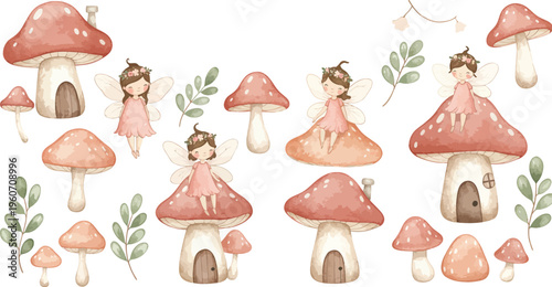 Whimsical watercolor illustration of pink mushrooms and forest fungi in a fantasy setting