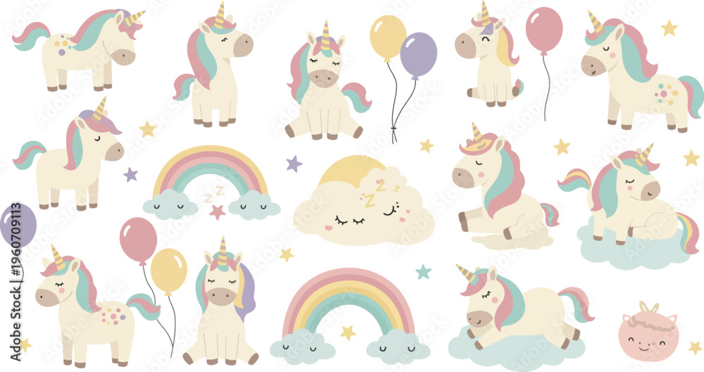 Obraz premium Whimsical unicorns rainbows balloons pastel colors fantasy creatures magical scene