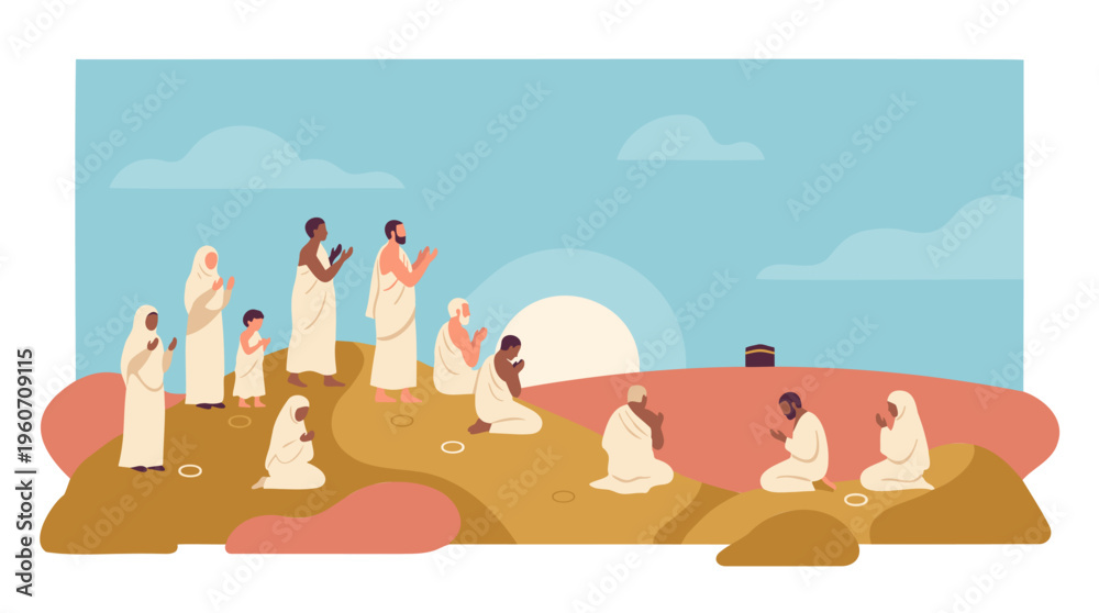 Fototapeta premium Diverse Muslim Pilgrims Praying at Arafah with Kaaba, Hajj & Islamic Spirituality, Flat Vector Art, Warm Tones, Religious Worship Scene