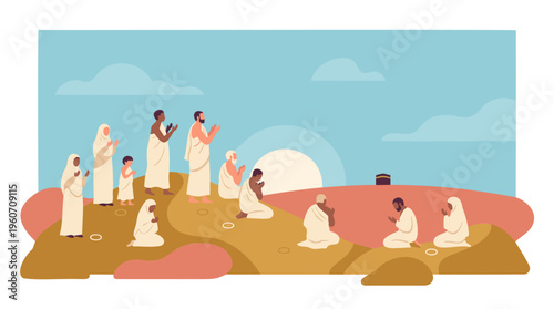 Diverse Muslim Pilgrims Praying at Arafah with Kaaba, Hajj & Islamic Spirituality, Flat Vector Art, Warm Tones, Religious Worship Scene