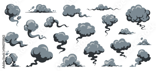 Explosive Smoke Cartoon Clouds Vector Set, Manga Style Dark Smoke Puffs and Swirling Clouds, Bomb Explosion Effects, Dust, Vapor Steam and Fire Blast Elements for Comic Scenes