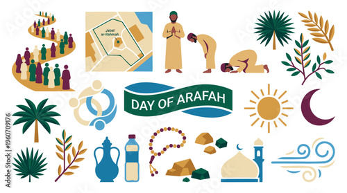 Hajj Pilgrims Arafah Praying, Walking Path, Jabal ar-Rahmah Map. Islamic Rituals, Spirituality. Modern Flat Vector Art, Earth Tones. Clean Isolated Graphic.