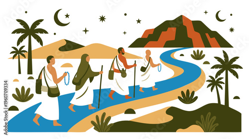 Hajj Pilgrims Walking Desert Path to Arafah, Islamic Spiritual Journey, Minimalist Flat Vector Illustration, Digital Art