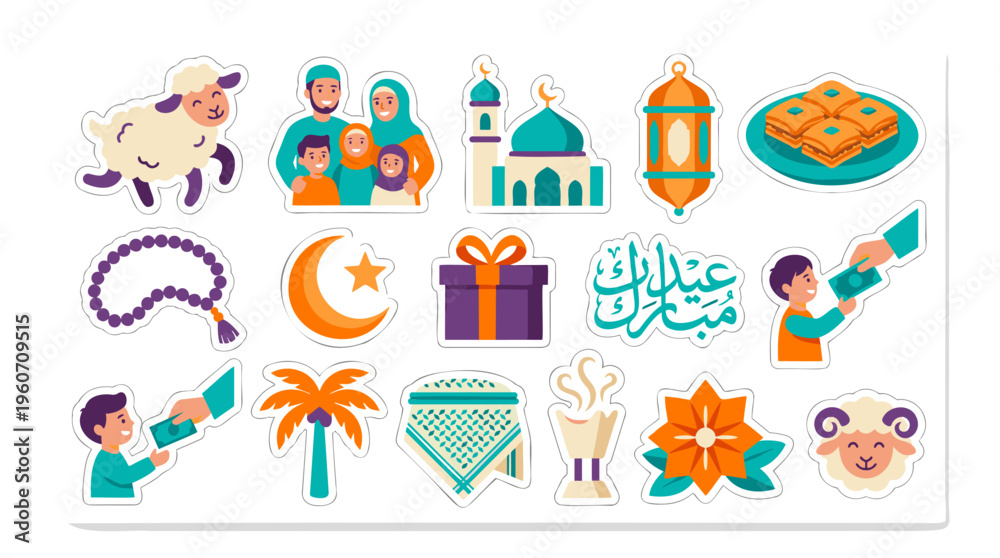 Fototapeta premium Eid al-Adha icons, Muslim family, sheep celebrating & gifting. Islamic festival concept, flat vibrant vector isolated sticker set.