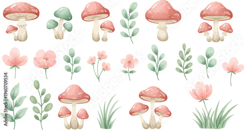 Whimsical illustration of mushrooms and flowers in a garden setting with green leaves and stems
