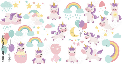 Colorful whimsical illustration of unicorns rainbows balloons and clouds in pastel hues for kids