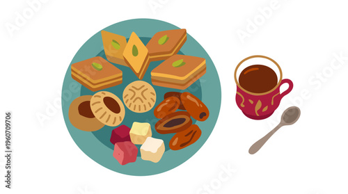 Eid sweets and tea: Plate of traditional desserts, hot tea for Islamic celebration, hospitality. Flat vector, warm tones, isolated digital illustration.