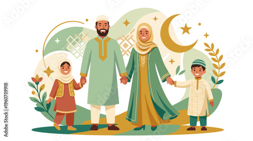 Muslim Family holding hands, festive attire, Eid al-Adha celebration, flat vector, muted tones, isolated.
