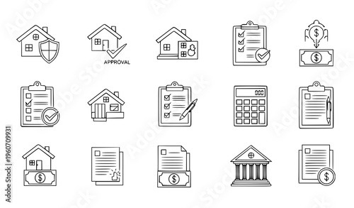 realestate, mortgage, loan, property, house, approval, checklist, banking, finance, fintech, investment, home, document, contract, rating, star, checkmark, icon, set, collection, vector, illustration,