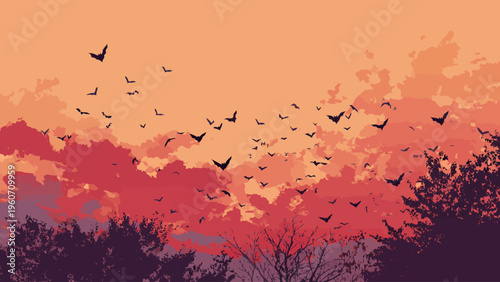 Vibrant twilight sky with a majestic flock of birds in dynamic flight, their silhouettes creating a stunning natural spectacle above the tranquil forest horizon during a breathtaking sunrise or sunset