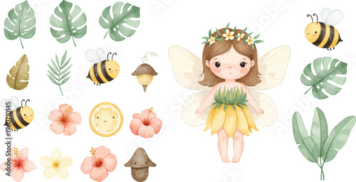 Whimsical illustration of a fairy surrounded by flowers leaves and bees in a garden setting with a dreamy atmosphere