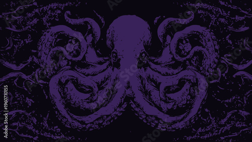 Mysterious Purple Octopus with Tentacles on a Dark Textured Background - A Symbol of the Deep Sea and Ancient Mysteries