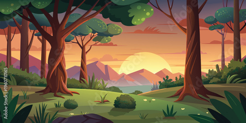 A minimalist vector illustration of jagged mountain peaks glowing under a large orange sunset sun