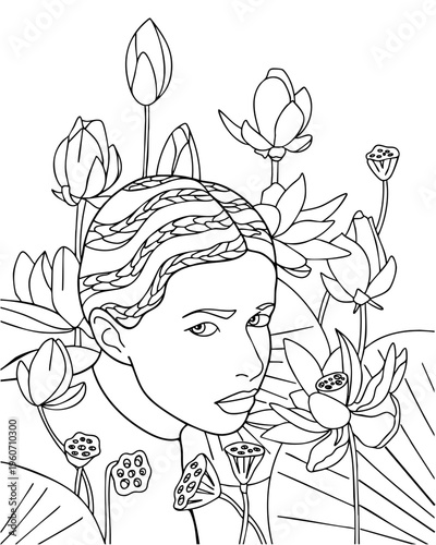 Minimalist Female Portrait with Lotos, Flowers Line Drawing Coloring Page