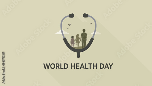Illustrative concept for global health awareness, featuring a family within a heart-shaped stethoscope, symbolizing well-being, care, and the importance of medical support